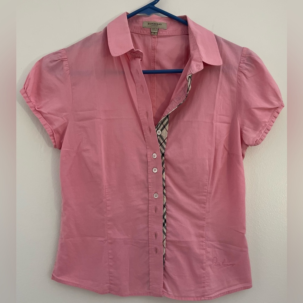 Burberry - Size S Pink Cotton Puff Sleeve Shirt Blouse